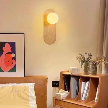Imagem de GZZBMY LED interior apliques de parede modernos minimalista metal candeeiros de parede redondos ecrã cabeceira iluminação para quarto sala de estar corredor escadas (luz quente, madeira clara)