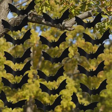 Imagem de Decorações de morcegos pendurados de Halloween – 18 peças com 3 tamanhos, olhos que brilham no escuro, pontos adesivos e linha de pesca, decoração assustadora à prova d'água para casa, varanda