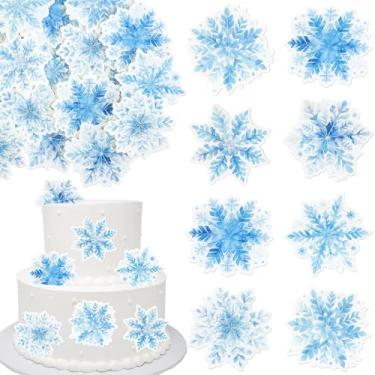 Imagem de Ephlyn 60Pcs Edible Snowflake Cupcake Toppers Winter Cupcake Picks Water Paper Winter Frozen Cake Decorations for Snowflake Theme Baby Shower Kids Birthday Party Supplies Blue