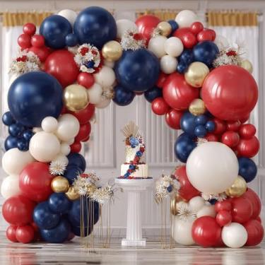 Imagem de Kit de arco de balões vermelhos, brancos e azuis, balões vermelhos e azuis marinhos, balões pretos de enchimento duplo, areia branca e dourada, kit de arco de balões de látex para formatura, beisebol
