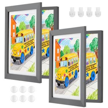 Imagem de ABCHIOPQ Pacote com 2 molduras de arte infantil cinza, 20 x 28 cm, abertura frontal, moldura de arte infantil de madeira mutável, moldura de arte infantil montada na parede ou em pé, comporta 150