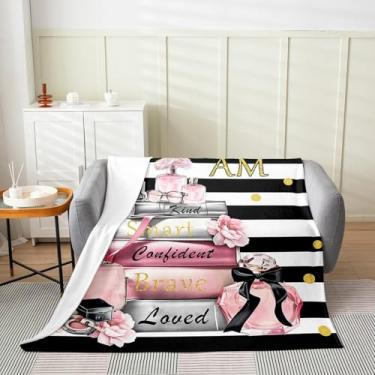 Imagem de Erosebridal Manta de flanela fashion rosa 127 x 152 cm para meninas e crianças, citações inspiradoras modernas, felpudas, listras, pretas e brancas, cobertor de lã, revistas, perfume, maquiagem