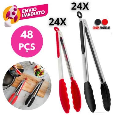Imagem de Kit Pegador Alimento 27 e 34Cm Inox E Silicone Com Apoio Salada Churra