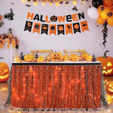 Imagem de Saias de mesa de tule preto laranja toalha de mesa tutu Halloween 2,7 m com LED para mesas retangulares redondas banquete festa de aniversário formatura