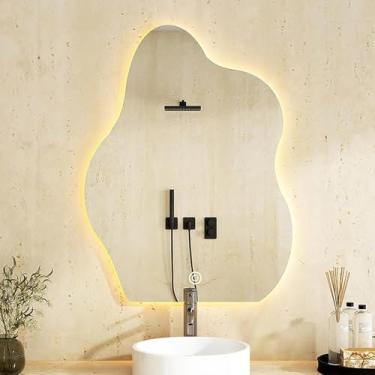 Imagem de Espelho Iluminado Em Forma De Nuvem Irregular Led,espelho De Banheiro Assimétrico Moderno,3 Cores Reguláveis,espelho De Vaidade Retroiluminado Montado Na Parede,anti-embaçante,t, 60X80CM