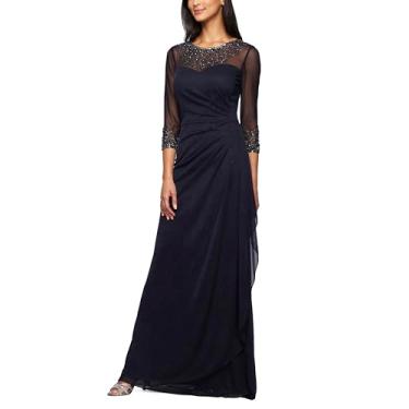Imagem de Alex Evenings Vestido feminino longo evasê para mãe da noiva com gola e mangas ilusão (tamanhos pequenos e regulares), Azul-marinho escuro, 40