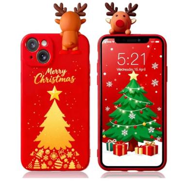 Imagem de Esakycn Capa para iPhone 15 de Natal, capa de telefone de silicone vermelha 3D boneca brinquedo de Natal com design para meninas mulheres presente fina à prova de choque macia capa fofa para iPhone 15