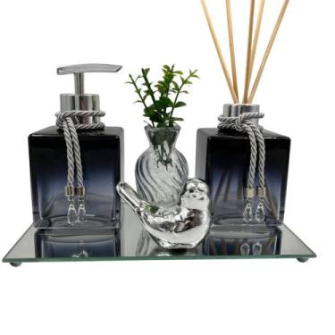 Imagem de Kit Lavabo Luxo Para Banheiro Saboneteira e Difusor Com Bandeja - Vidr