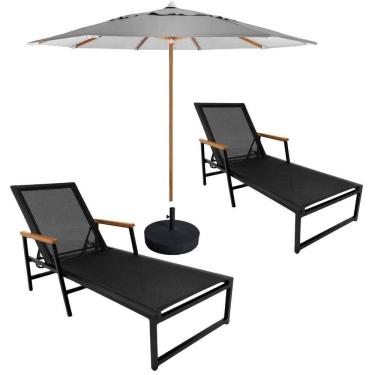 Imagem de Kit 2 Espreguiçadeiras Confortável Reclinável Piscina Jardim + Ombrelone Cinza