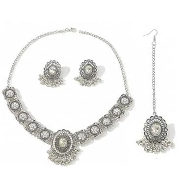 Imagem de Conjunto de joias indianas Boho Maang Tikka para mulheres imitação de cristal étnico Jhumka brinco pendente gargantilha Bollywood Headpiece Bridal Wedding Prom Dance Party Acessórios de cabelo