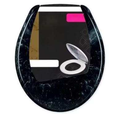 Imagem de Assento Tampa Vaso Sanitário Almofadado Mármore Oval Universal(Preto Marmorizado)