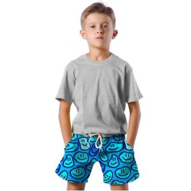 Imagem de Shorts Infantil Bermuda Calção Praia Verão Emoji Happy Feliz Azul 357 