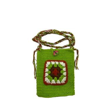Imagem de Bolsa transversal de crochê verde feita à mão – Bolsa de ombro quadrada de malha | Bolsa de crochê pequena colorida Boho com alça trançada, presente feito à mão para mulheres