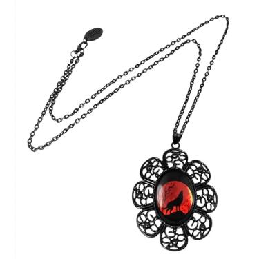 Imagem de Colar de lobo - Uivando na lua, pingente nativo americano, animal espiritual, moldura de filigrana preta, corrente de 61 cm - 647-JBFN, grande, metal, sem pedra preciosa