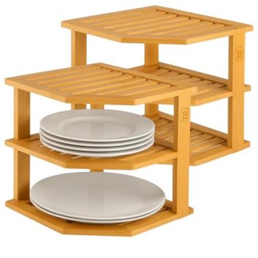 Imagem de Pacote com 2 organizadores de pratos para armário – Prateleira de canto de bambu para armazenamento de cozinha ou banheiro, rack que economiza espaço para pratos, bancada, armário, despensa – presente