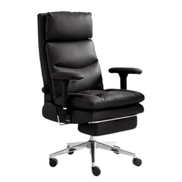 Imagem de Cadeira de escritório ergonômica com encosto alto, apoio para os pés retrátil e apoio lombar ajustável - Cadeira de escritório reclinável de couro com braços acolchoados,Black