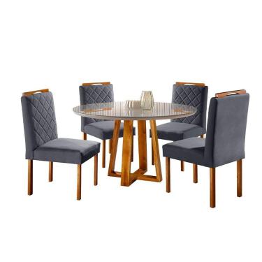 Imagem de Conjunto Cristal Mesa 1m E 4 Cadeiras Maciça Móveis Mundial Mel/off-white/cinza Profundo