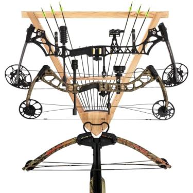 Imagem de AceOrbit Suporte de exibição de arco e flecha montado na parede para acessórios de caça e tiro com arco Suporte de 3 arcos e 12 flechas de armazenamento para besta Suporte composto de arcos para
