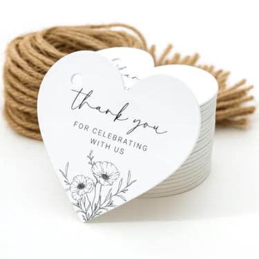 Imagem de 50 etiquetas de presente de agradecimento de coração com cordão anexado, pequenas etiquetas de agradecimento por comemorar conosco para presentes e lembrancinhas de festa personalizadas - chá de bebê