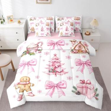 Imagem de Jogo de cama infantil Feliz Natal, árvore de Natal, floco de neve, inverno, decoração de quarto infantil, rosa e branco (com elástico + 2 fronhas)