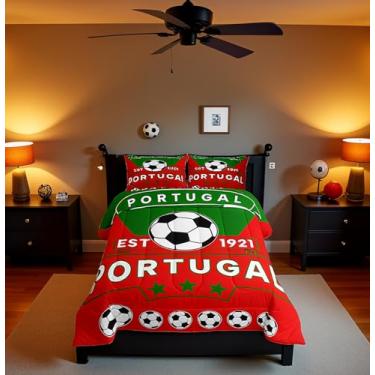 Imagem de Feelyou Jogo de cama king com tema de futebol americano, para crianças, meninos, futebol americano, adolescentes, vermelho, verde, conjunto de edredom com 3 peças