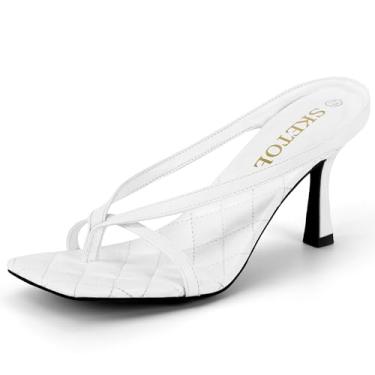 Imagem de SKETOE Sandálias femininas de salto gatinho com bico aberto quadradas, elegantes para festa de casamento, chinelos com tira em T, salto alto de 7,6 cm, Branco, 39