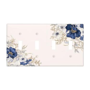 Imagem de LuHuoLu Placa decorativa para interruptor de luz rústica flores brancas azuis florais penoy 4 gangues placa de parede grande interruptor quádruplo placa de cobertura jumbo para decoração de quarto