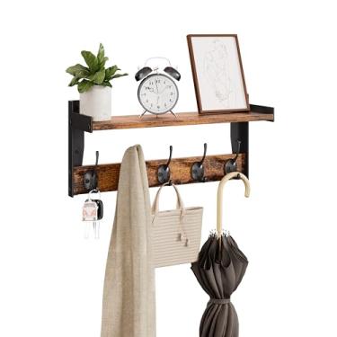 Imagem de FNBAR Ganchos de parede com prateleira, cabideiro de madeira com prateleira montado na parede, prateleiras suspensas de entrada com 5 ganchos de metal para roupas, chapéus, bolsa de toalha, roupões