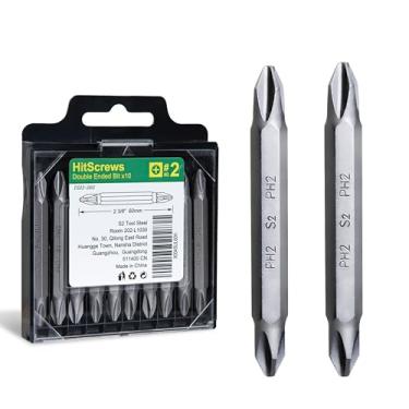 Imagem de HitScrews Pacote com 10 pontas de chave de fenda de extremidade dupla, brocas Phillips magnéticas nº 2 para chave de impacto, pontas usinadas CNC de aço S2 de haste hexagonal de 1/10.2 cm