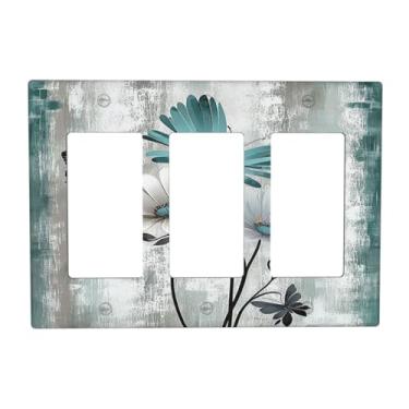 Imagem de Nadoabtm Capas de interruptor de luz rústico azul-petróleo margarida flores florais borboleta grão de madeira 3 gangues balancim elétrico GFCI decorativa placa de parede placa de parede placa de