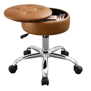 Imagem de Xenothos Cadeira giratória otomana com armazenamento para sala de maquiagem para cadeira de penteadeira com rodas ajustável em altura de couro sintético marrom