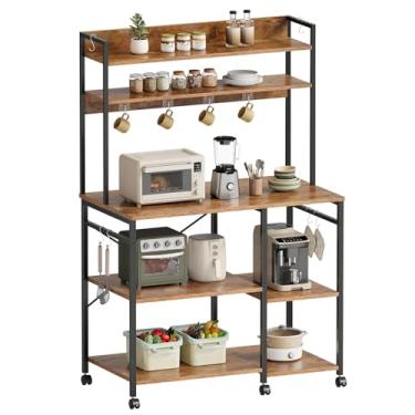 Imagem de YeTom Rack de cozinha com armazenamento, suporte de micro-ondas com rodas, com prateleiras ajustáveis, prateleiras de cozinha, cafeteria com 10 ganchos em forma de S, 90 x 40 x 160 cm, marrom rústico