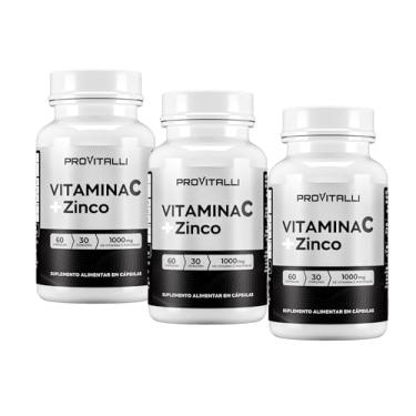 Imagem de Kit 03 unidades Vitamina C 1000mg + Zinco 29,59mg Por porção | ProVitalli | Dupla Ação Imunológica e Antioxidante | Reforço para Defesas do Corpo | Alta Absorção | 60 Cápsulas - 30 Porções