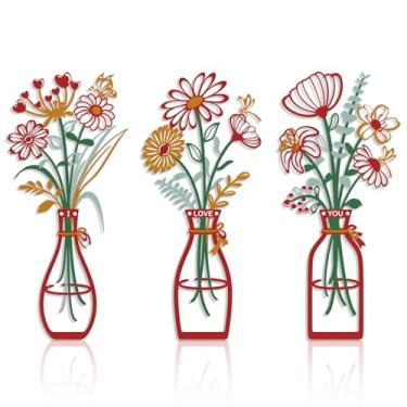 Imagem de RIJINDOUJIN Decoração de parede de flor de metal, arte de parede de vaso floral vermelho-amarelo de 3 peças, esculturas de parede de metal leve para quarto, sala de estar, cozinha, presente para