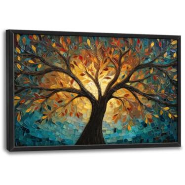 Imagem de Arte de parede grande para sala de estar árvore da vida decoração de parede imagens pinturas da natureza impressões estéticas vintage grande arte texturizada emoldurada decorações modernas para