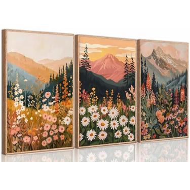 Imagem de 3 peças boho margarida montanha arte de parede abstrata flores silvestres pôr do sol quadros decoração de parede colorido floral paisagem botânica pôster impressão arte para sala de estar quarto sem