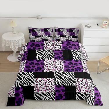Imagem de jejeloiu Conjunto de edredom Queen com estampa de leopardo, guepardo, zebra, geométrico, patchwork, edredom para crianças, meninos, meninas, roxo, decoração de quarto, 3 peças com 2 fronhas