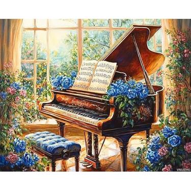 Imagem de Kit de pintura a óleo The Piano Room coberto com rosas azuis por números para adultos vintage piano de cauda pintura a óleo sobre tela fácil de pintar com pincéis, perfeito para presente, decoração de