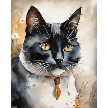 Imagem de XTXGERL Paint by Numbers DIY Smoking Cat Black Cat Animal DIY Painting by Number Kits Pintura a Óleo Tela de Desenho Decoração de Casa Presente 40,6 x 50,8 cm