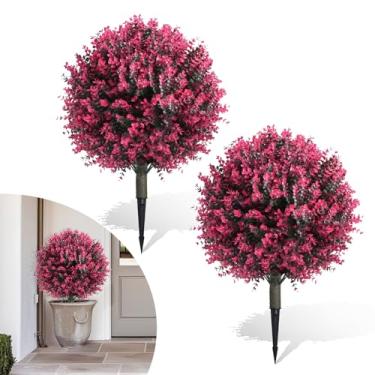 Imagem de Conjunto de 2 bolas de topiaria artificial com eucalipto rosa, plantas artificiais de alta qualidade, arbustos resistentes a UV de 63,5 cm com estacas, árvores artificiais internas para lareira