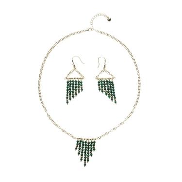 Imagem de Zynzonis Conjunto de colar e brincos de malaquita, corrente banhada a ouro com contas de franja, colar de fecho de lagosta ajustável e brincos de lustre combinando, joias de pedra preciosa, presente