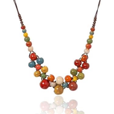 Imagem de Lyfange Colar de contas de cerâmica Boho para mulheres, colares grossos com contas coloridas, hippie, contas redondas, colar boêmio, moda, verão, praia, joias, Medium, Liga de aço, Sem Pedra Preciosa