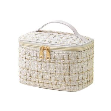 Imagem de Bolsa Necessaire Tweed Feminina para Maquiagem com Zíper Para Viagem, Mochila, Alça em Courinho (BRANCO)