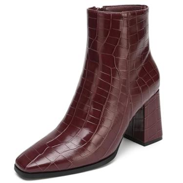 Imagem de NEWBELLA Botas femininas de bico fino no tornozelo – Botas de meia de salto grosso, botas de malha elástica slim fit para moda outono e inverno, Couro vinho, 36