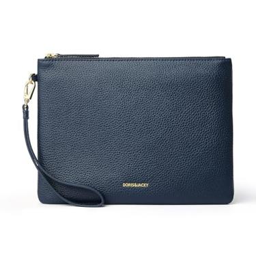Imagem de DORIS&JACKY Bolsa clutch de couro feminina grande e fina com alça removível, Azul-escuro