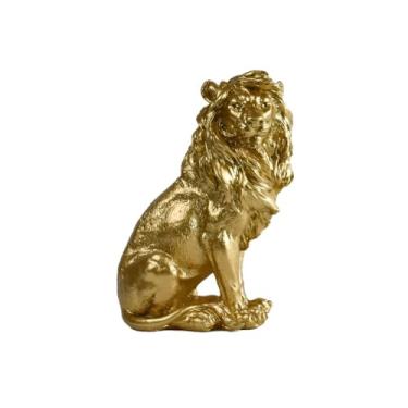 Imagem de zaoalife Escultura de estátua de leão, estátua de leão Feng Shui, ornamento decorativo de resina, estatueta colecionável de ouro antigo, decoração de mesa para escritório, estante de livros