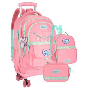 Imagem de Kit Mochila de Rodinhas G + Lancheira + Estojo Box Stitch Disney | Rosa Salmão Turquesa | 3 Peças Angel