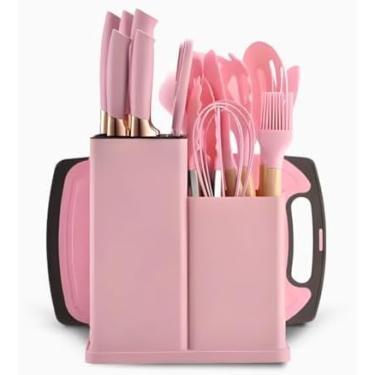 Imagem de Utensilios para Cozinha Silicone Kit com 19 Peças Cabo Madeira Conjunto Completo Espátula Concha Colher Jogo Suporte Faca Antiaderente Tabua Tesoura Faqueiro (Rosa)
