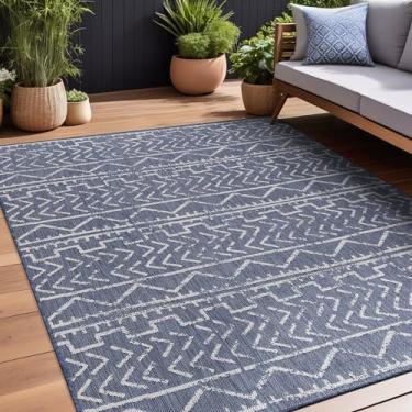Imagem de Beverly Rug Waikiki Tapete interno e externo 6 x 9, tapete externo lavável para pátio, deck, varanda, tapete de área de treliça, resistente à água, azul - branco