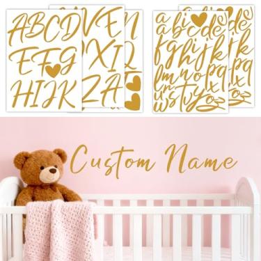 Imagem de Adesivos de parede com nome personalizado dourado decalques de vinil para quarto de bebê crianças decoração de parede sinal de nomes personalizados para pano de fundo DIY alfabeto ABC adesivo para